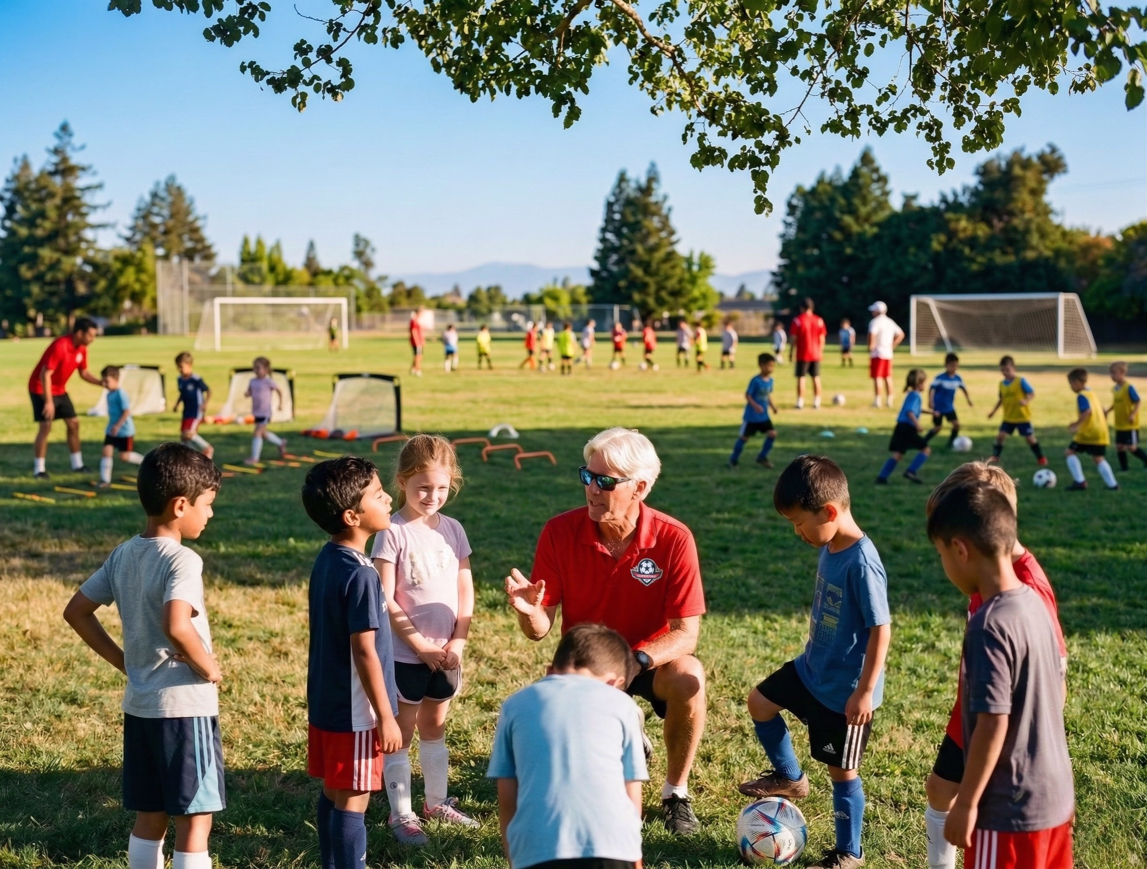Coach instructing a young kids recreational soccer class Cupertino.